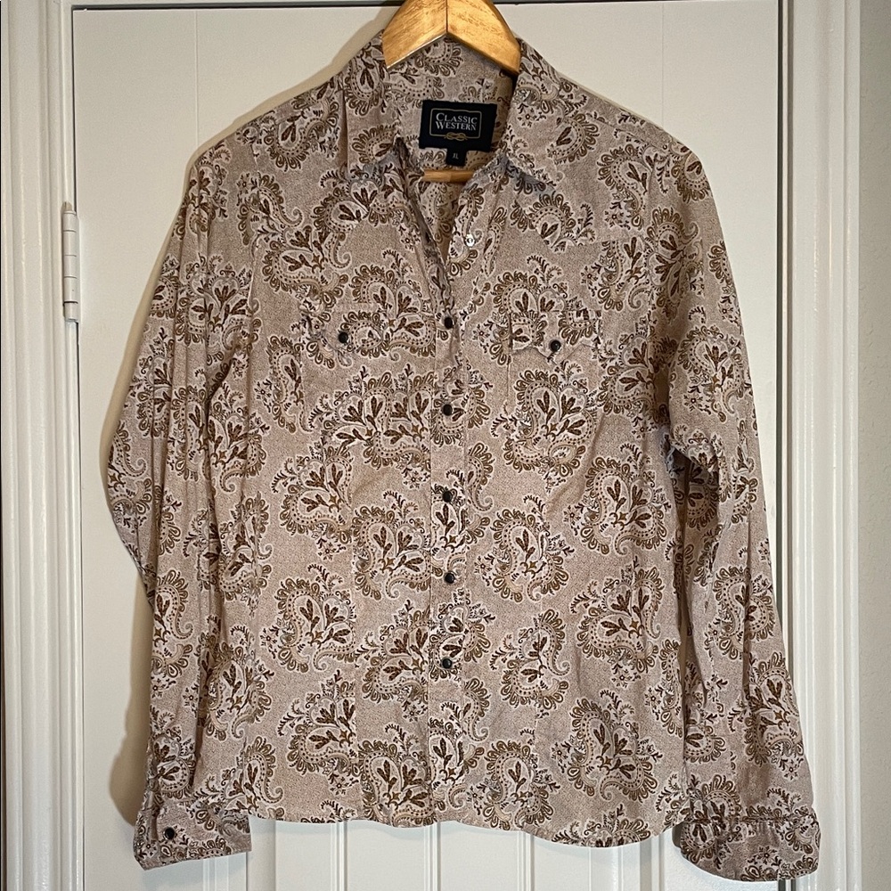 Classic Western Paisley Button-Up Shirt - Beige & Brown